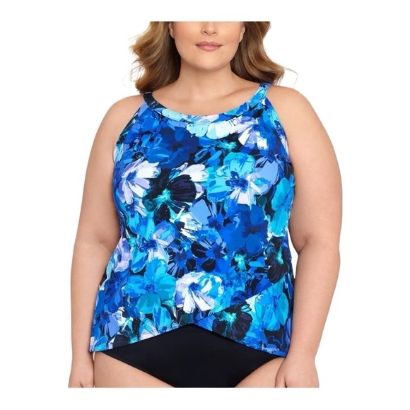Swim Solutions Floral Print High-Neck Tankini - Blue NWT - Picture 1 of 7